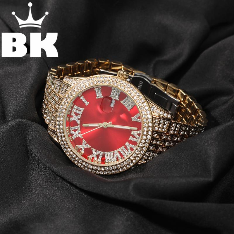 

Pendant Necklaces Hip Hop Full Iced Out Drill Men Watches Stainless Steel Fashion Luxury Colorful Rhinestones Quartz Square Business Watch, Silver