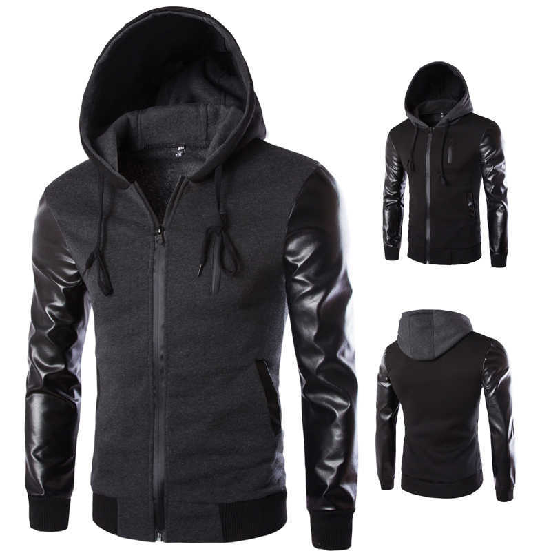 

Men's Leather Patchwork Jacket Hooded Chest Zipper Design Stylish Casual Jacket X0621, Black