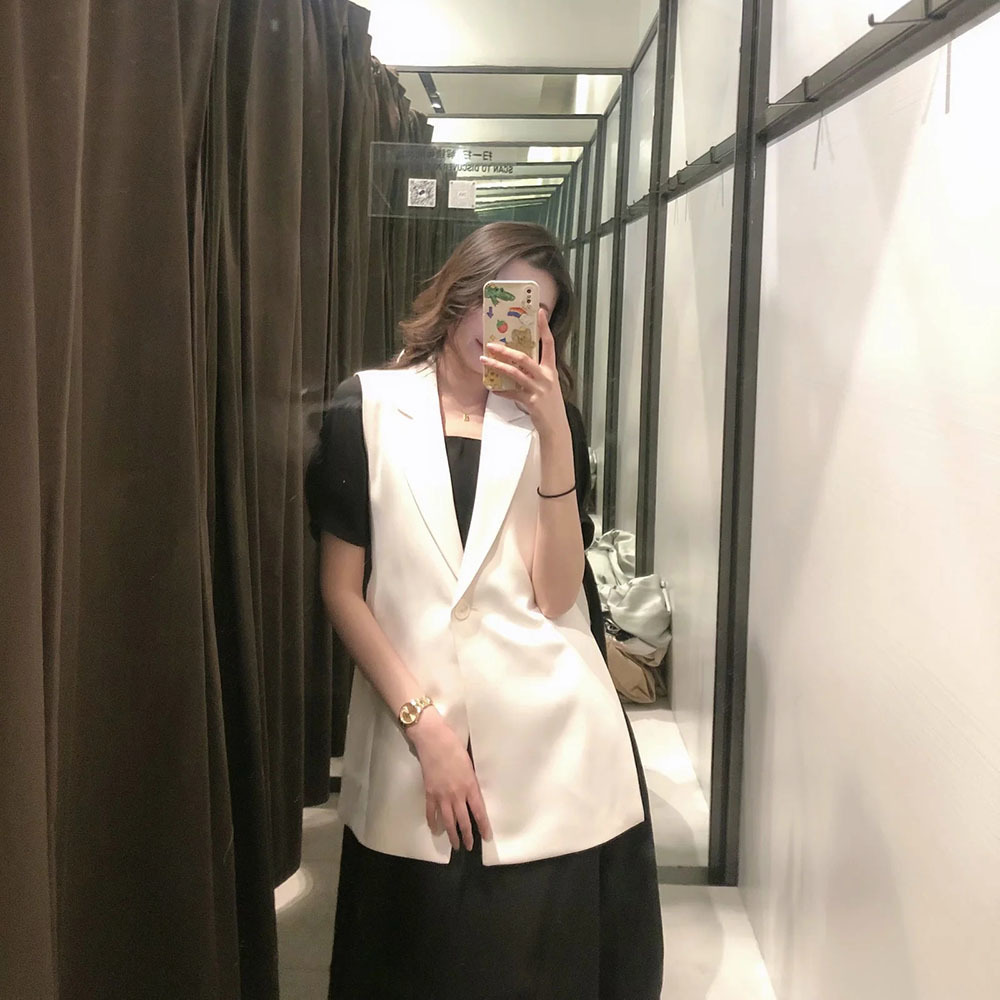 

BBWM Spring Sleeveless Vest Women Vintage V-neck A buckle Belt Loose Vests Womens Chalecos Solid Office Waistcoat 210520, Black