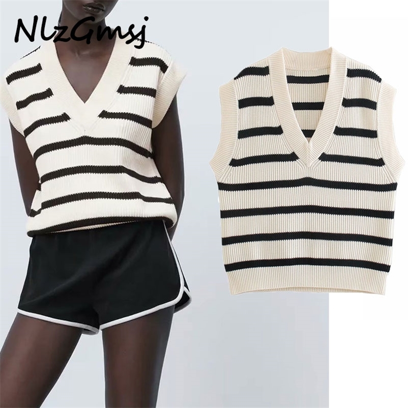 

Vest Women Stripes Knitted Sweater V Neck Sleeveless Korean Style Pull Female Jumper chaleco mujer 03 210628, As picture