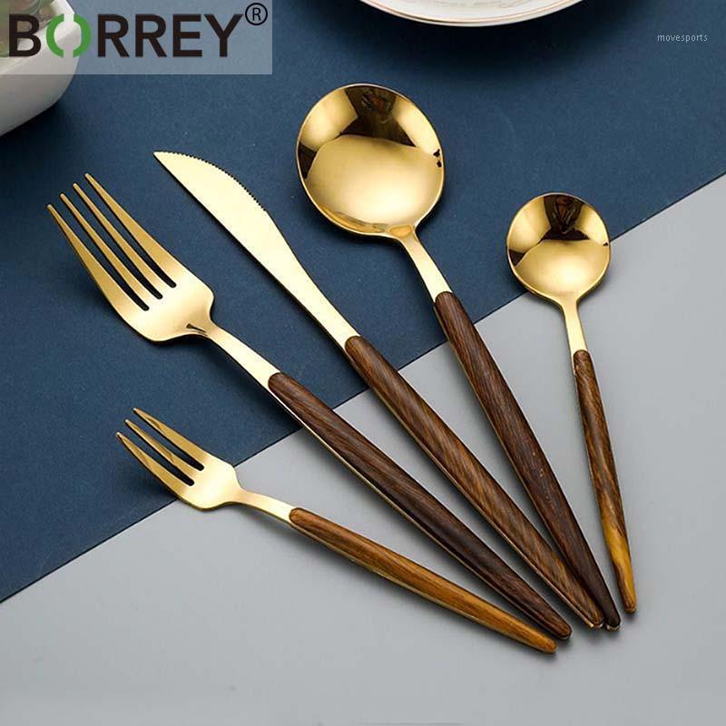 

Flatware Sets BORRY 30Pcs Gold Stainless Steel Cutlery Set Portugal Cutipol GOA Tableware With Wooden Handle Metal Spoon Fork Knife1