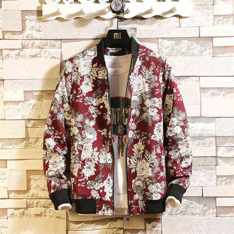 

2021 New Floral Men Jacket Japanese Street Windbreaker Bomber Jacket Fashion Printing Design Men's Jacket Brand Men's Clothing Y1109, Red