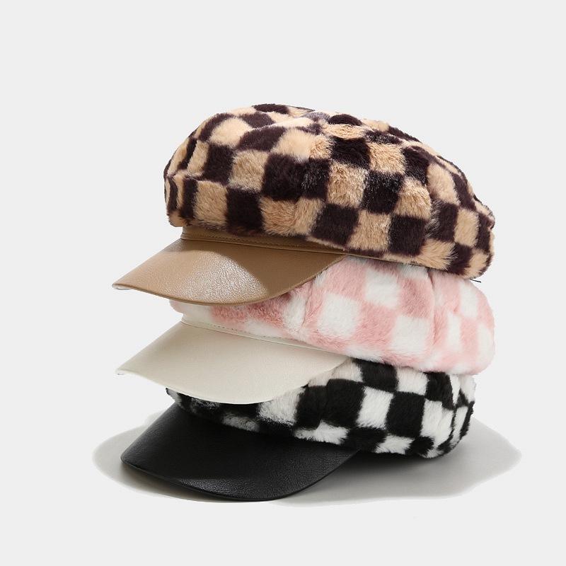 

Berets 2021 Women's Hat Autumn Winter Checkerboard Octagonal Black And White Plaid Casual Fur Thickening Warmth Beret