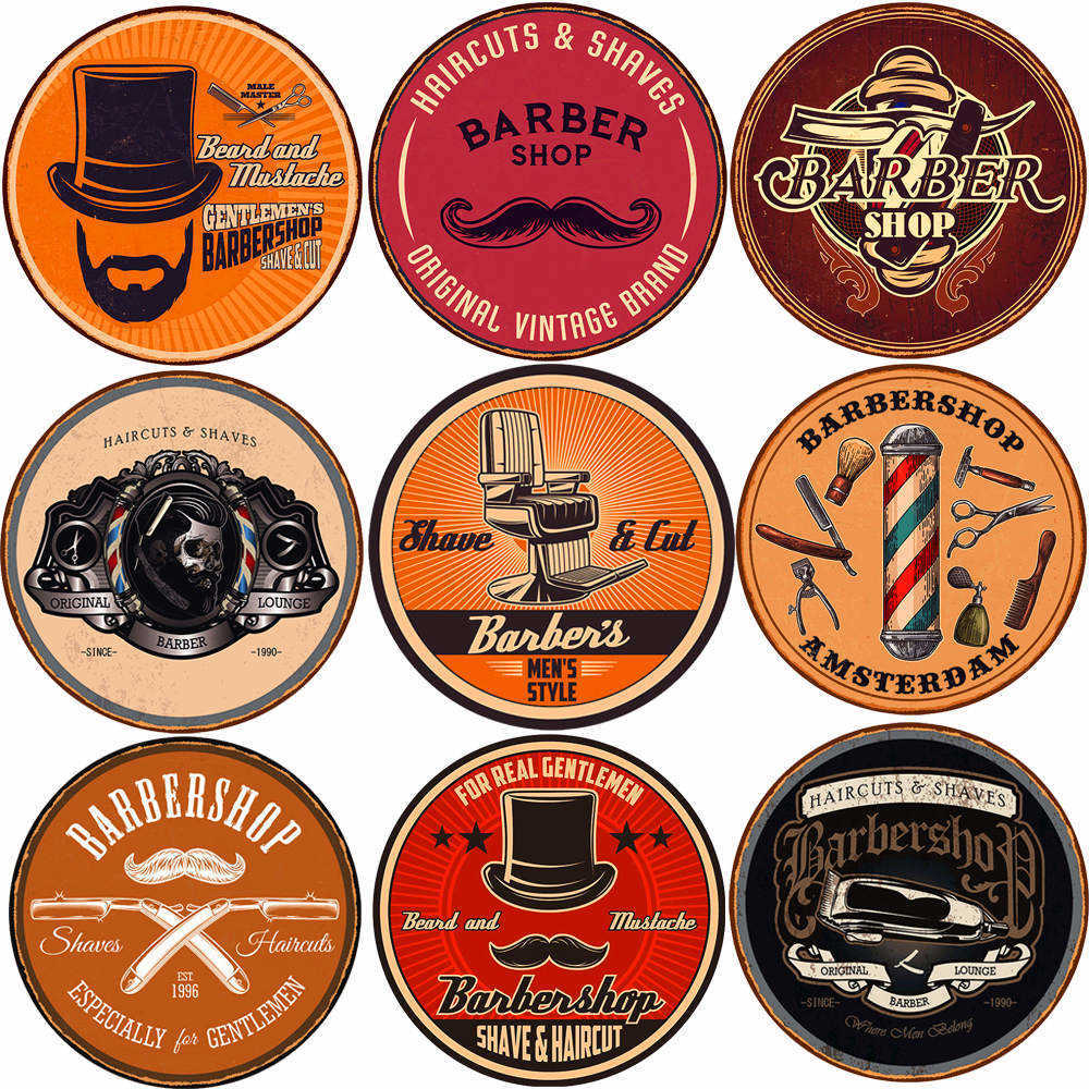 

Gentlemens BarberShop Vintage Metal Signs Ciub Pub Wall Decor Beard and Mustache Round Plates Haircuts Retro Plaque N408