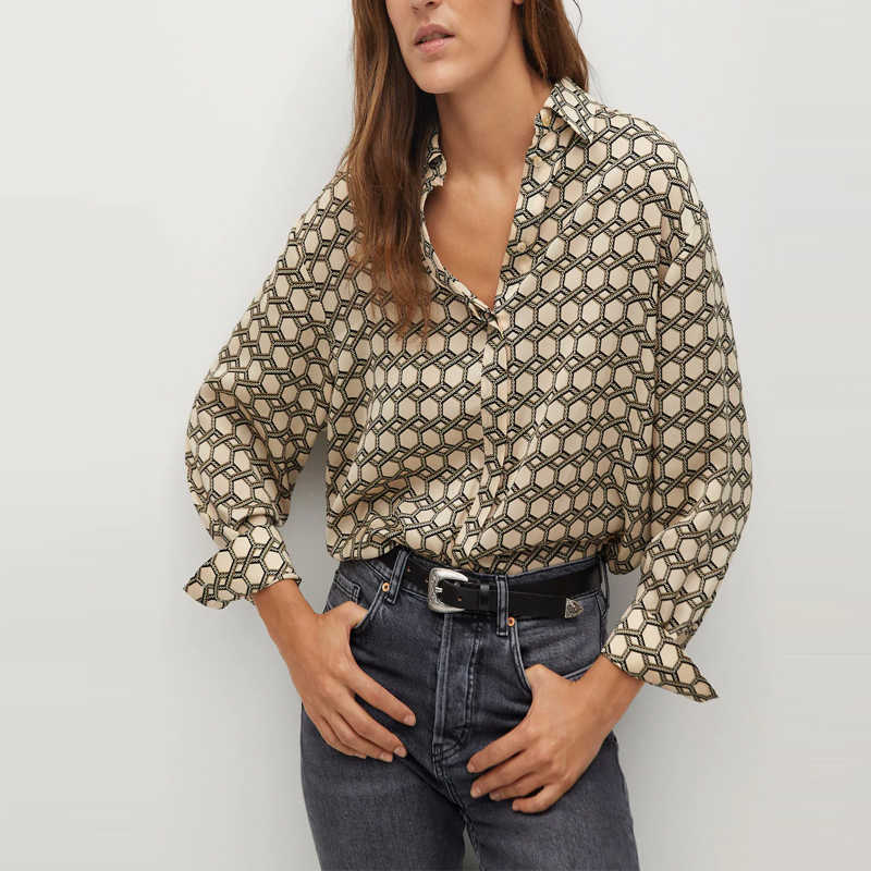 

Za Long Sleeve Print Flowy Shirt Women Long Sleeve Lapel Collar Vintage Blouse Female Fashion Front Button Loose Tops 210602, As picture