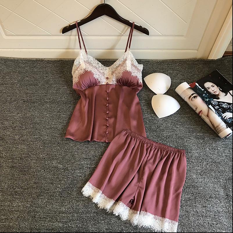 

spring lace pajamas ice women sleepwear silk with chest pad spaghetti strap twinset pijama for, Black;red