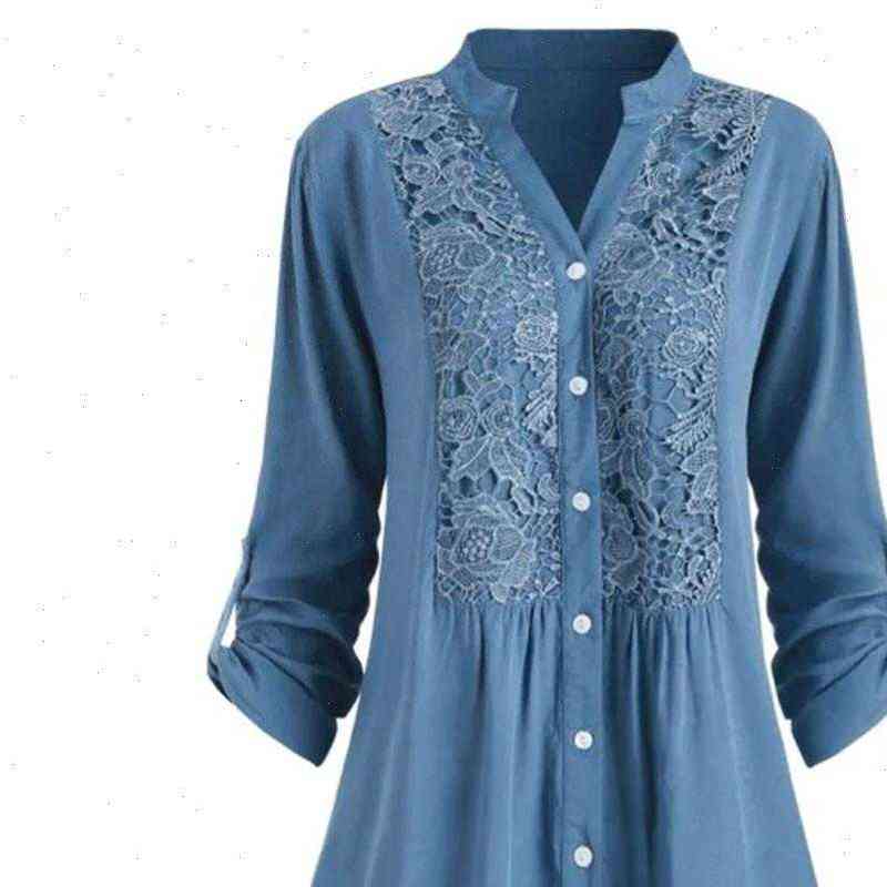 

womens women blouses shirt plus size lace blusas office lady loose and blouse cotton linen denim tunic long sleeve, White