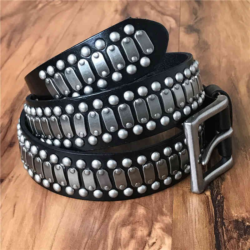 

Belts Leather Men Cowboy Heavy Metal Wide Punk Hip Hop Ceinture Homme Male Jeans Mujer TBT0089 HR3B, Black