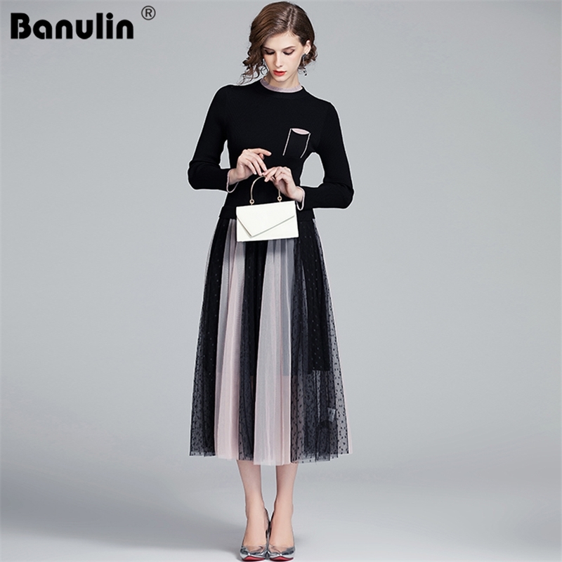 

High Collar A-line Knit Sweater Dress Autumn Dot Striped Mesh Patchwork Women Elegant Office Lady Work Midi 210603, Black