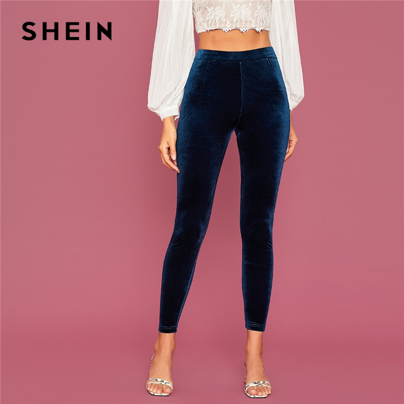

SHEIN Abaya Navy Elastic Waist Velvet Cropped Leggings Women Autumn Winter Stretchy Mid Waist Solid Glamorous Leggings