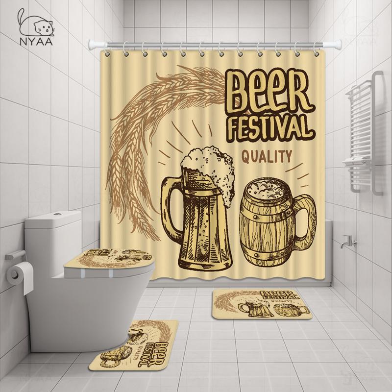 

Wine Glass Beer Retro English Shower Curtain Carpet Cover Toilet Bath Mat Pad Set Bathroom Home Decor Accessory