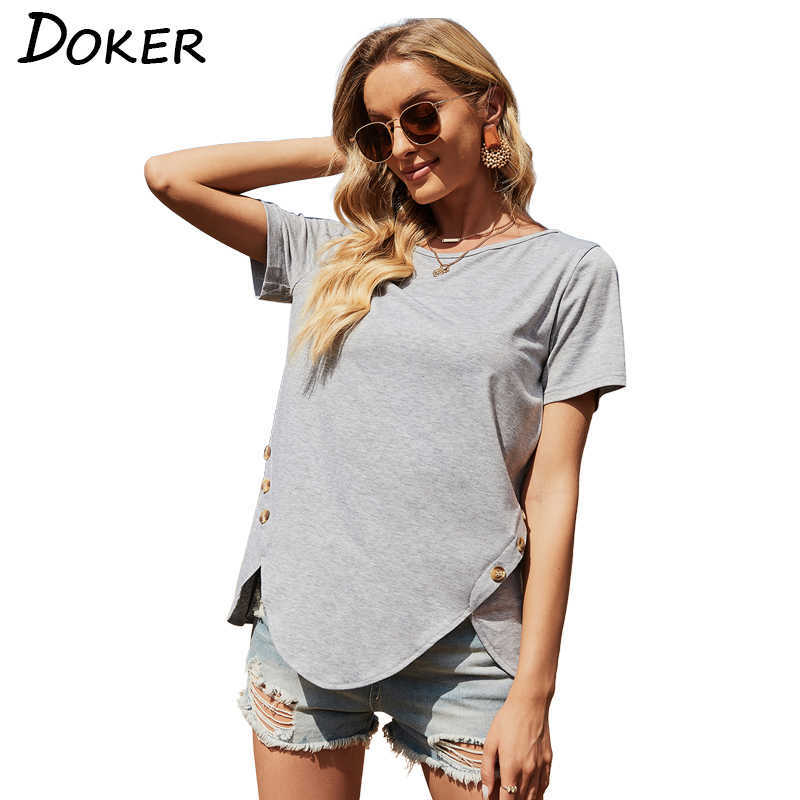 

Solid Color Irregular Button Blouse Pullover O-neck Short-sleeve Womens Tops And Blouses All-match Loose Patchwork T-shirt 210604, Gray