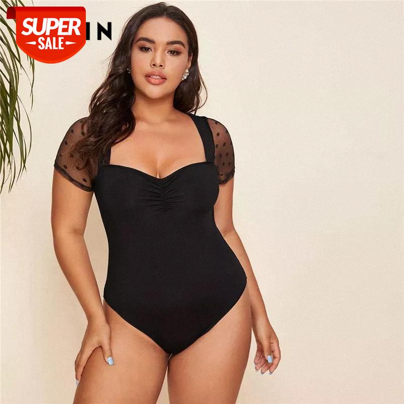 

T-shirt Plus Size Black Dobby Mesh Sheer Sleeve Ruched Front Bodysuit Women Summer Sweetheart Neck Solid Elegant Bodysuits Party #ul5F, White