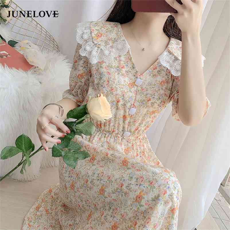 

Summer Korean Short Sleeve Floral Midi Dress V-Neck Bohemia Beach Casual Lace Vestidos Women Chiffon 210519