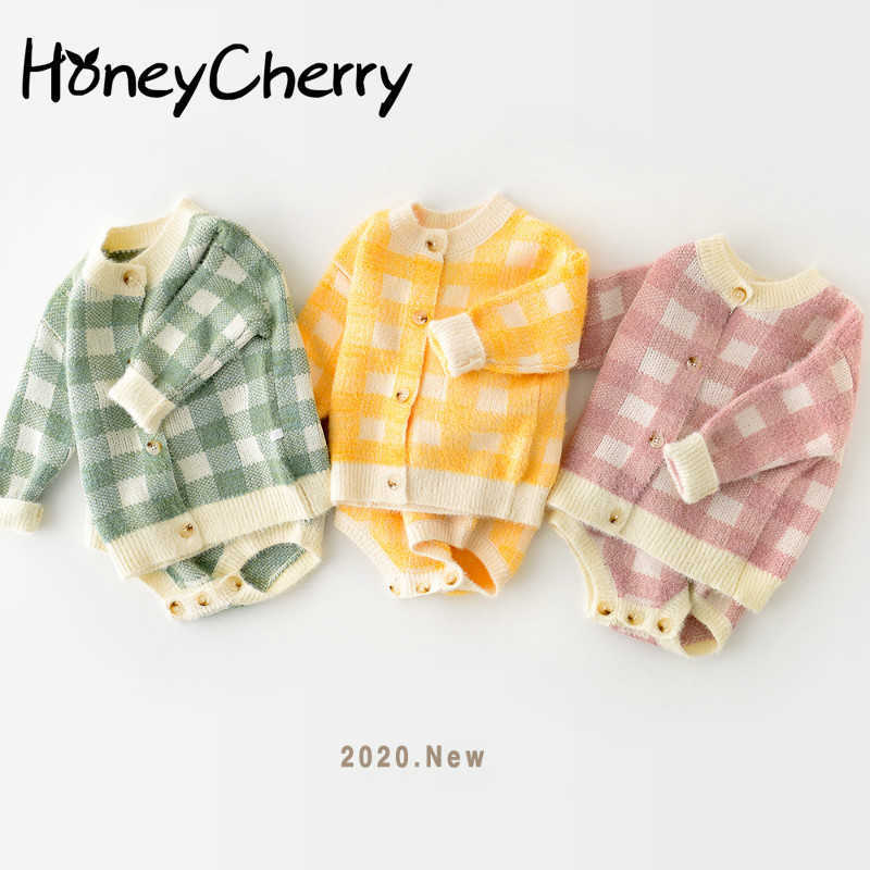 

Infant Long-Sleeved Plaid Coat Strap Triangle Jumpsuit Sweater Two-Piece Set baby girl winter clothes 210701, Green