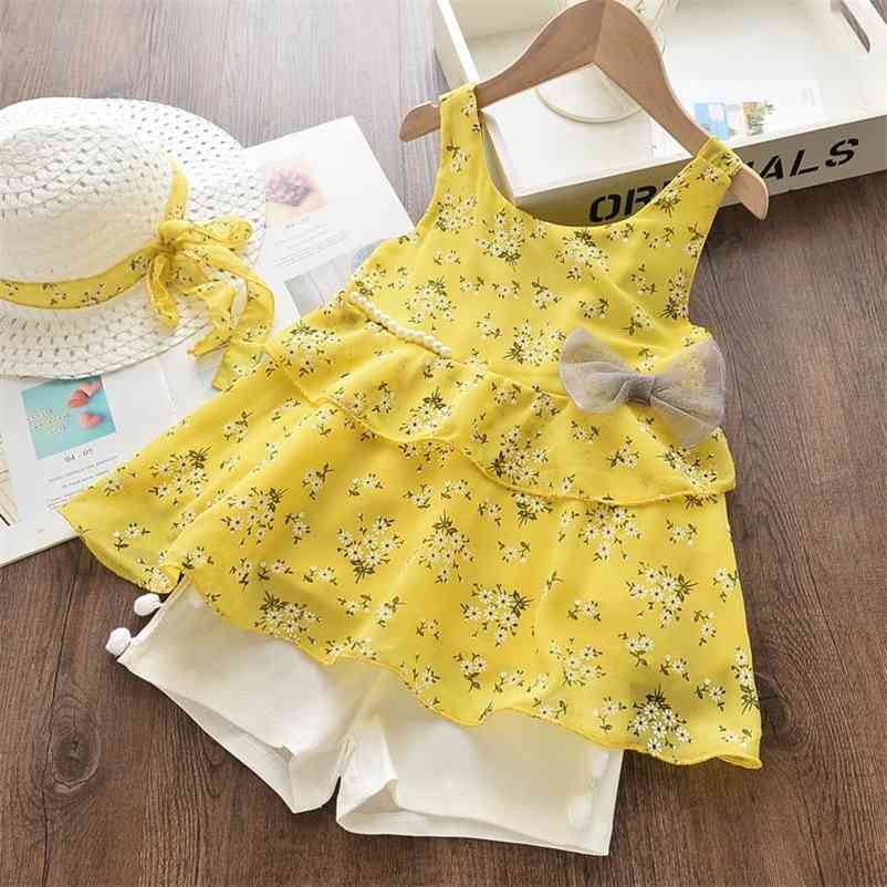 

Children's Sets Kids Clothing Summer Bow Pearl Baby Chiffon with Hat 3pcs Girls Suit Clothes 210429, Ax1131 pink