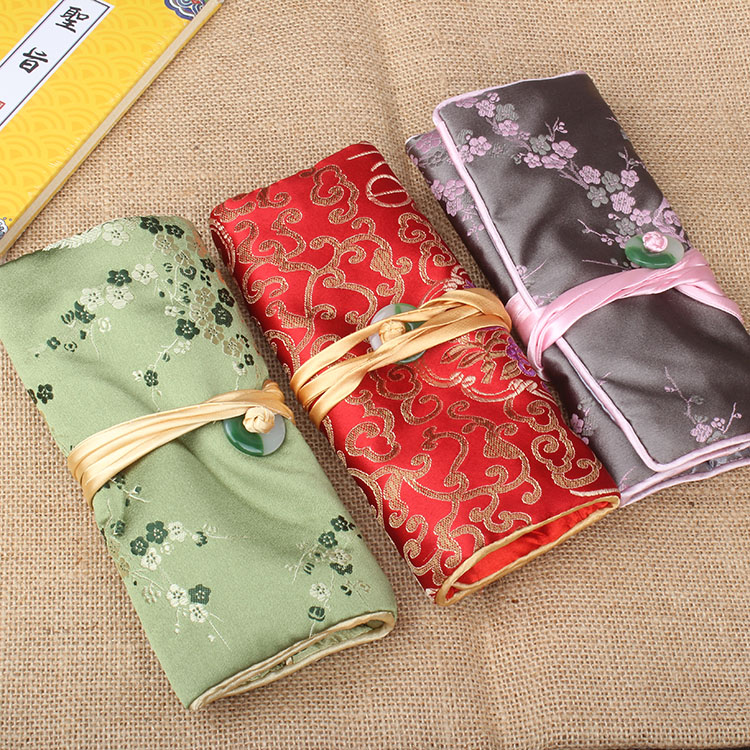 Custom Portable Jade Jewelry Roll Up Travel Case 3 Zipper Pouch Bags Women Gifts Silk Brocade Cosmetic Folding Makeup Storage Bag 10pcs/lot-image-452125207