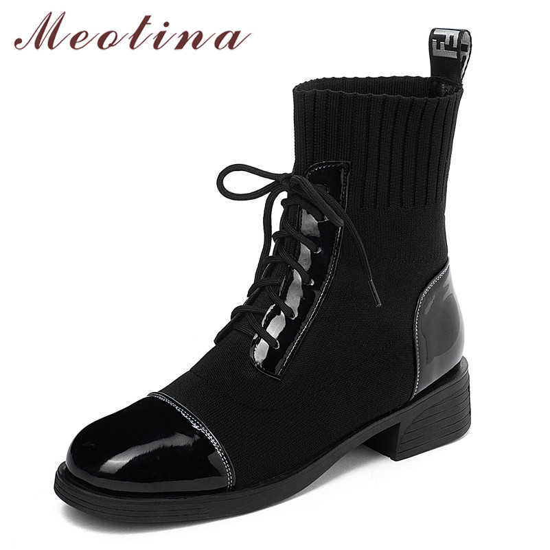 

Meotina Short Boots Women Shoes Lace Up Mid Heel Ankle Boots Round Toe Chunky Heels Boots Female Autumn Winter Black Size 34-44 210608, Black synthetic lin
