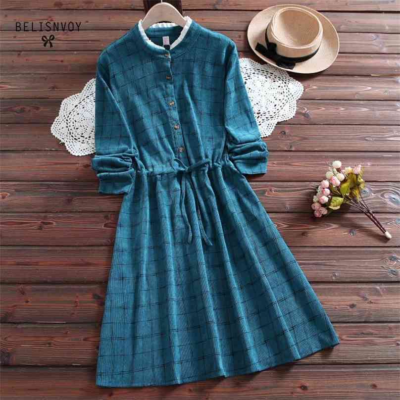 

Mori Girl Fashion Female Autumn Spring Robe Vintage Plaid Dress Femininos Vestidos Ruffled Long Sleeve Women Corduroy 210520, Green