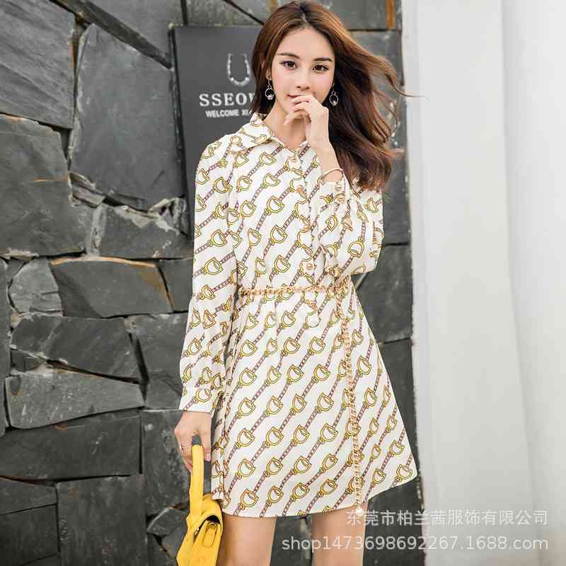 

autumn new women's chain pattern print lapel shirt long sleeve lace up waist a-line skirt, Black;gray