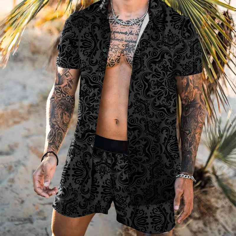 Hawaiian Beach 2-piece Sets Black Printed Short Mouwen Revers Shirt Casual Shorts 2021 Summer Street Style Fashion Men suit-image-703025249