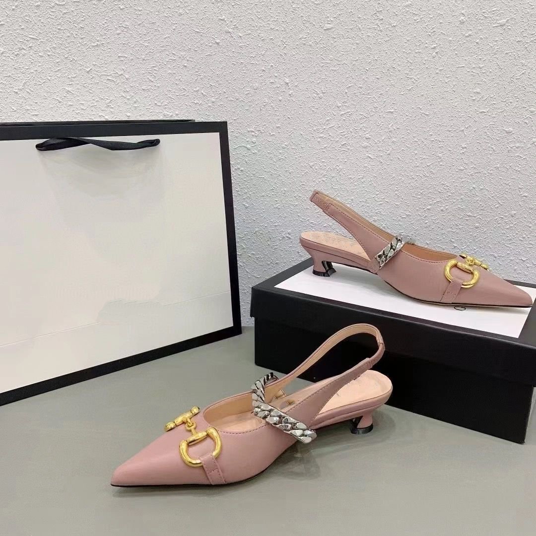 

G shoes High version pointed horsebit metal chain cat heel travel vacation leather back empty sandals 35-40 kj0003