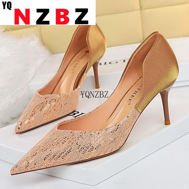 

Dress Shoes 2022 Luxury Women Bling 7cm High Heels Pumps Escarpins Lace Mesh Embroidery Plus Size Flower Wedding Designer Gold, Red