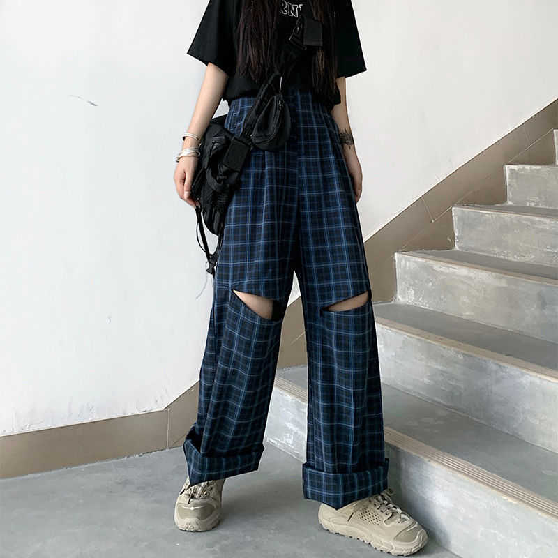 

HOUZHOU Plaid Pants Harajuku Vintage Korean Fashion Wide Leg Hole Trousers Women Loose Hollow Out Straight Casual Dropshipping Q0801, Yellow