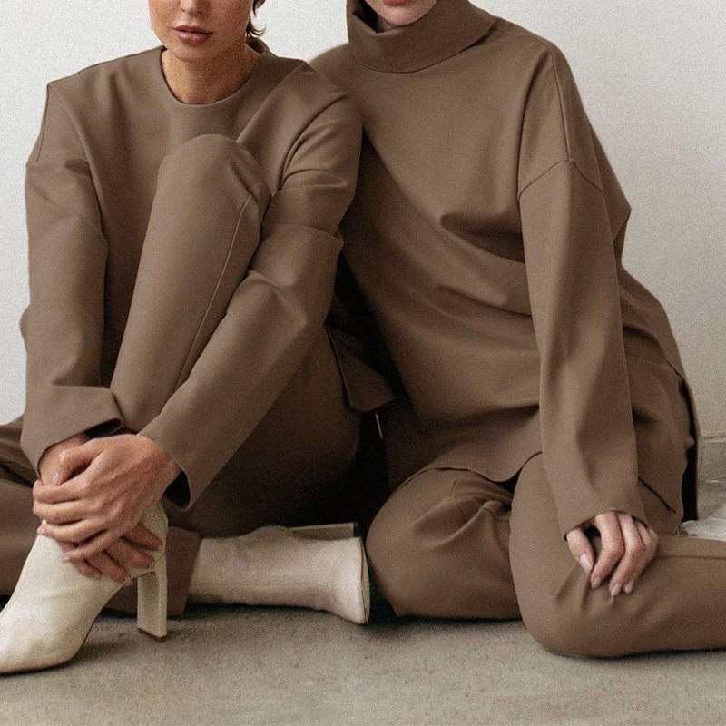 

Women Solid Set O-neck Long Sleeve Female 2 Pieces Sets Crop Top Elastic High Waist Pants Turtleneck Spring Loose Casual 210518, 01 khaki o-neck