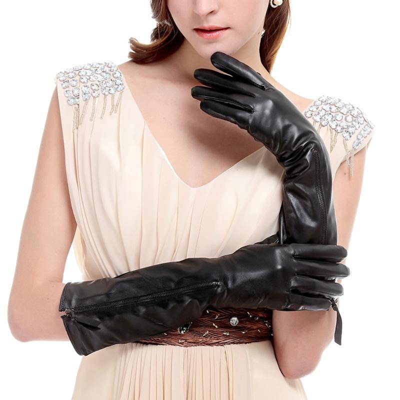 

Five Fingers Gloves Women's Long Genuine Sheepskin Leather Evening Party Dinner Dress Zipper Glove Retro Style Banquet Accessories S2155