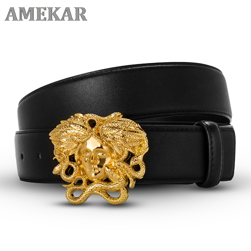 

genuine leather belt mens brand snake hair dermal snake cinturon Medusas big luxury gold belt, Black;brown