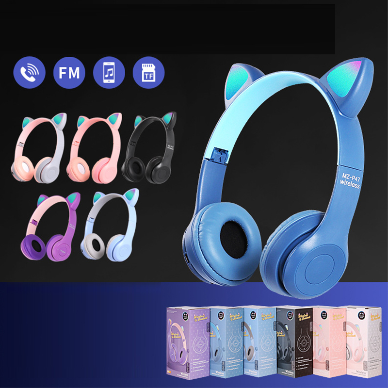 

Wireless Headphones Bluetooth 5.0 Headband P47 Game Colorful LED Light Headset Cat Ears Beauty HIFI Stereo Music Headphone Grils Kids Gift