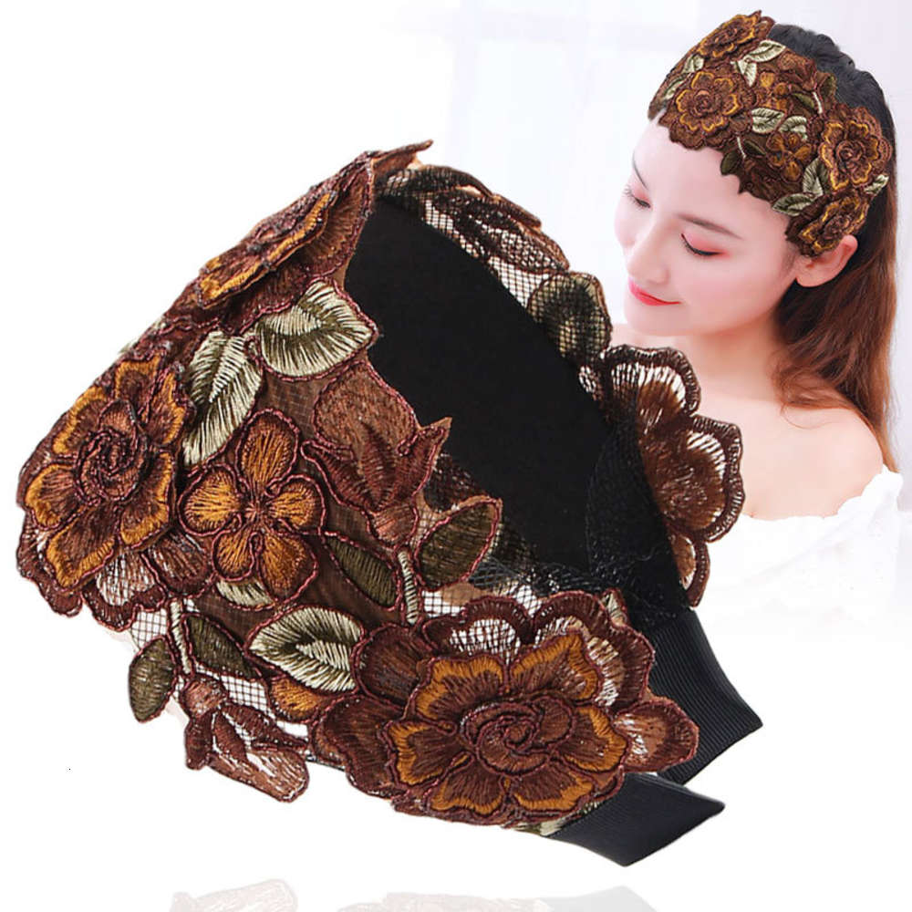

Hairpin wide edge covering white net red Korean headdress embroidered ethnic wind hair with teeth anti slippery head band, Black;brown
