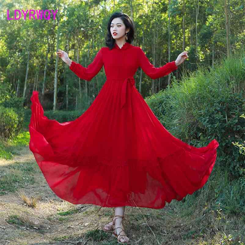 

LDYRWQY spring and summer art retro red chiffon dress desert vacation swing Zipper Office Lady 210603