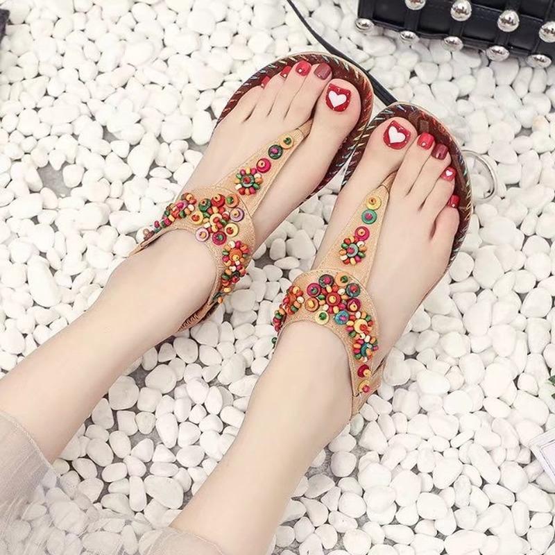 

Sandals Spring And Summer 2021 Bohemian Beaded Sweet Ethnic Style Flip Flops Flat Herringbone Women's Shoes, Beige