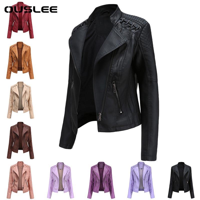 

Women's Leather & Faux OUSLEE Fashion Jacket Bright Colors Black Motorcycle Coat Short Biker Soft Female