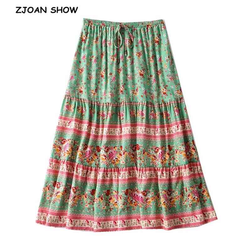 

Bohemia Spliced Ruched Pleated Floral Print Women Skirt Hippie Adjust Stream Elastic Waist Swing Skirts Holiday Beach 210429, Black