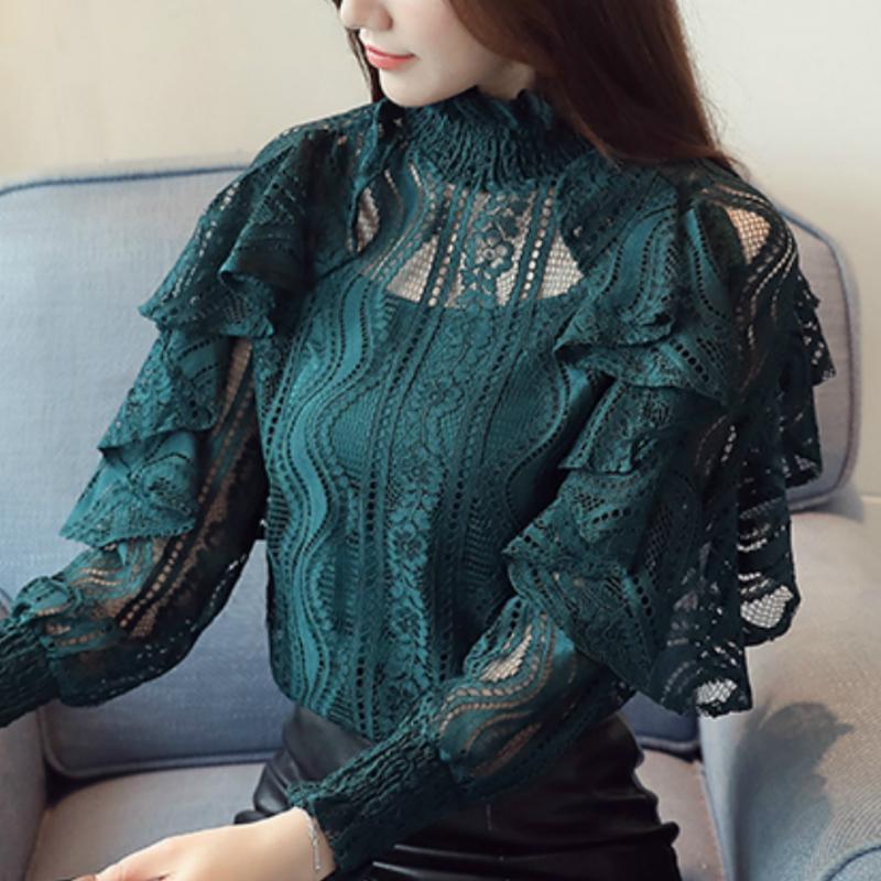 

Fashion Blouses Woman 2021 Long Sleeve Ruffles Hollow Lace Blouse Women Shirts Ladies Tops Womens And Blusas C23 Women, Black