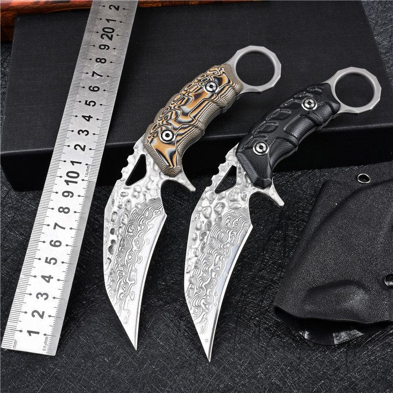 

Damascus VG10 Counter-Strike Claw Karambit Pocket Knife CS GO Stainless Steel Traning Survival Camping Tools Fixed Blade Knives with Kydex