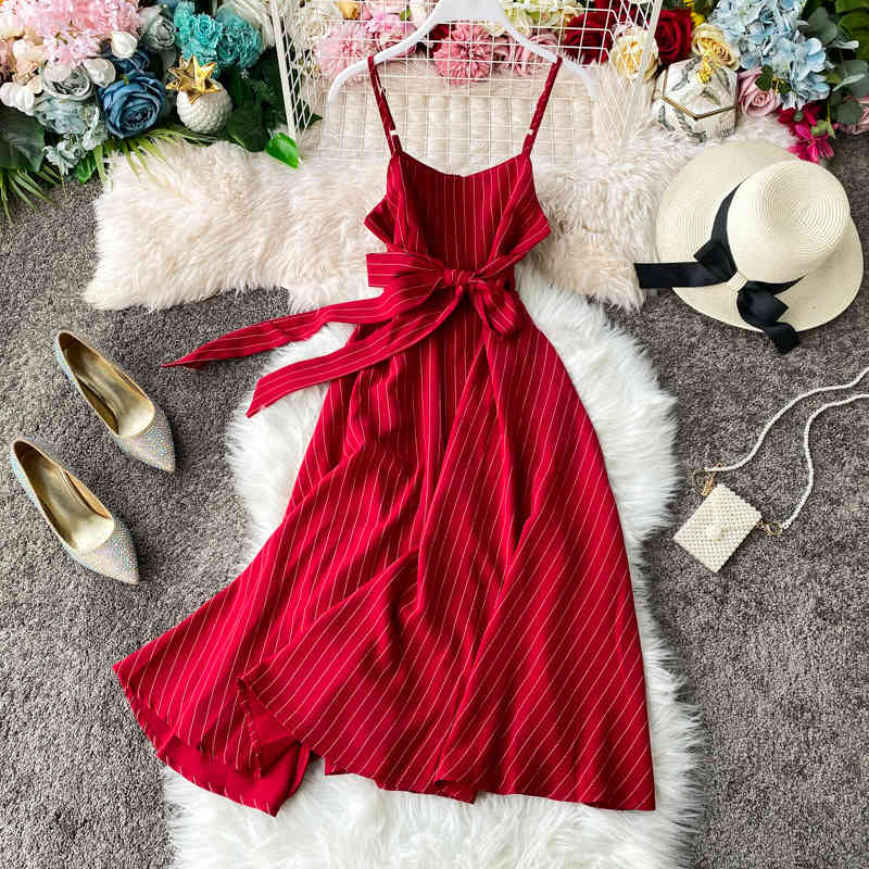 

Spring Summer Casual Ladies Spaghetti Strap Bandage Slash Neck Striped Sexy Seaside Fashion Women's Dress 210520, Apricot
