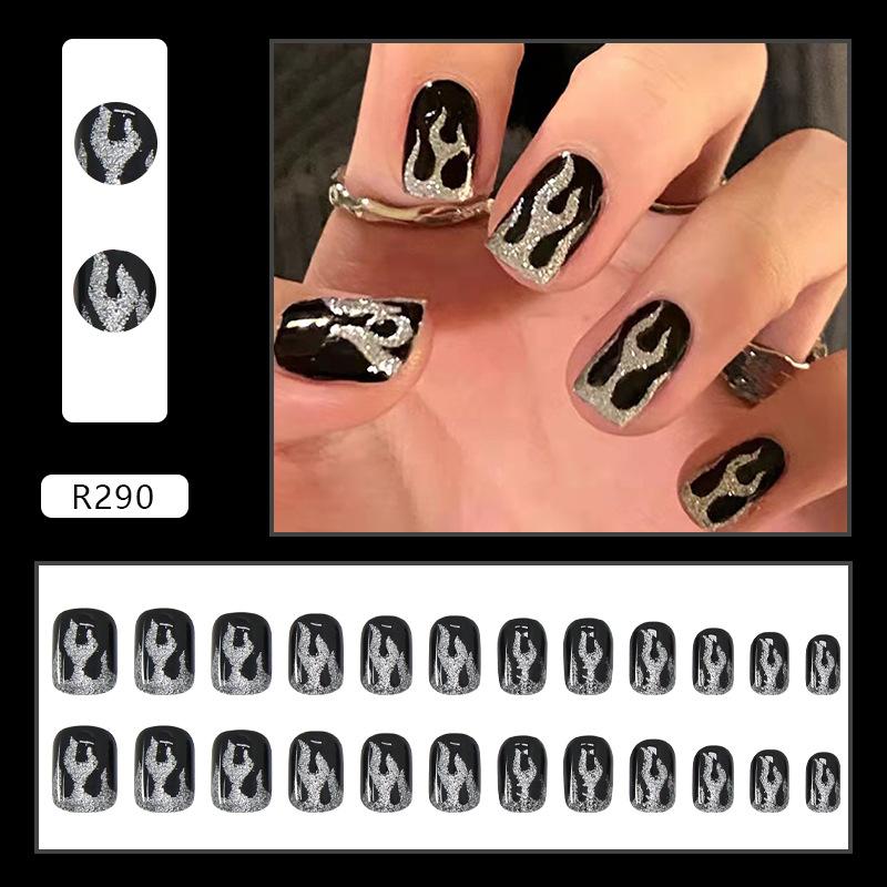 

False Nails 24Pcs/Set Fake Black Silver Flash Flame Ins Style Short Press On Wearable Finished Nail Piece With Jelly Gel, Red;gold