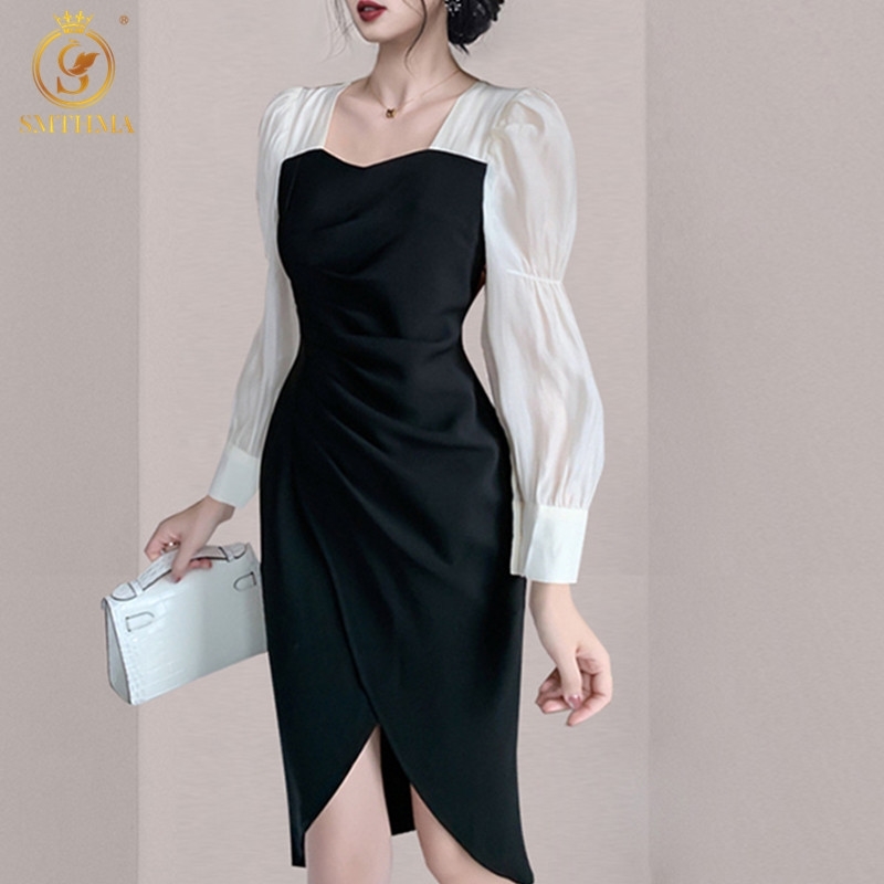 

Women's Spring High Waist Solid Color Dresses Robe Korean Elegant Sexy Slim Vintage Dress Vestidos 210520, Photo color