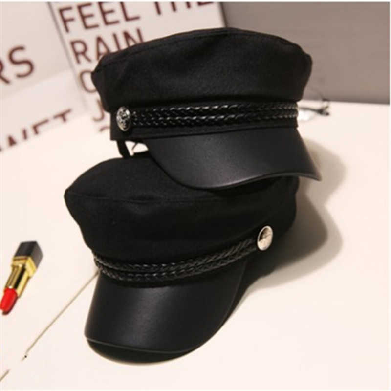 

Fashion Women Men Military Hat Spring Autumn Sailor s Black Ladies Beret Caps Flat Captain Cap Travel Cadet Octagonal, Black wool