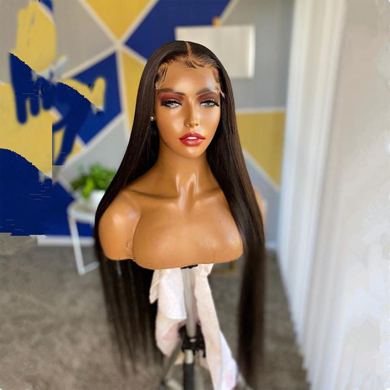 

26Inch 180%Density Natural Black Color Long Silky Straight Wig Meddle Part Glueless Lace Front wigs Remy Soft With Baby Hair For Women Heat Resistant Brazilian