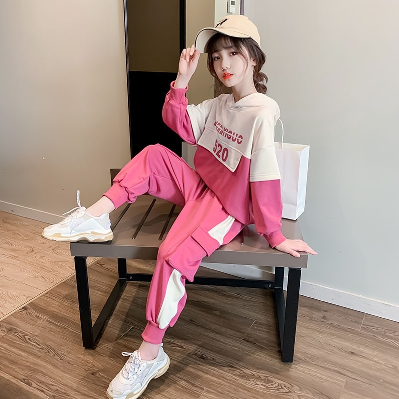 

Female child labor suit 2021 spring dress new fashion foreign style net red big boy loose fat girl sweater two-piece set