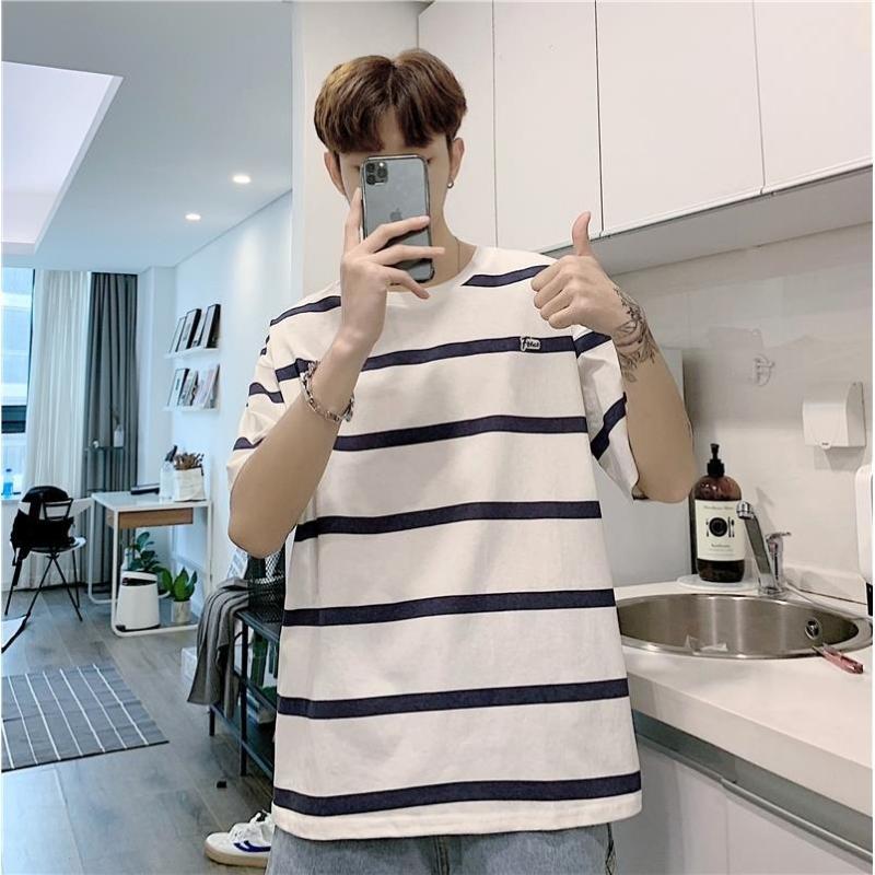 

Men's T-Shirts Summer Ins Stripe Short Sleeve T-shirt Loose And Versatile Clothes Hong Kong Fashion Student Round Neck Half, Gray