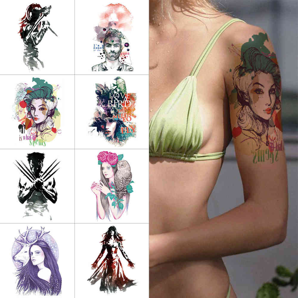 

Black Temporary sticker warrior colours flower girl human face birdie Waterproof fake tattoo for men women arm body