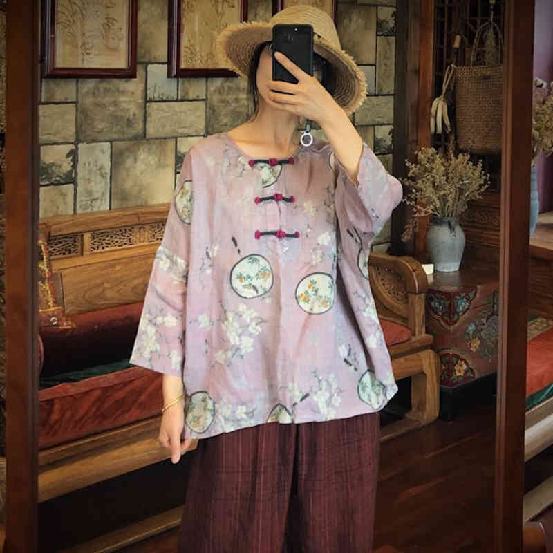 

Johnature Women Blouses Vintage Autumn Tops Three Quarter Sleeve Print Flower Purple O-neck Loose Shirts Retro Top 210521