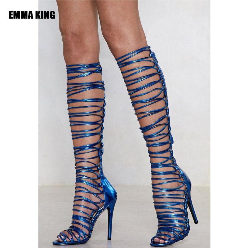 

Boots 2021 Spring Women Gladiator Knee High Sandals Open Toe Lace Up Cross Strappy Heels Fashion Sexy Shoes, Black