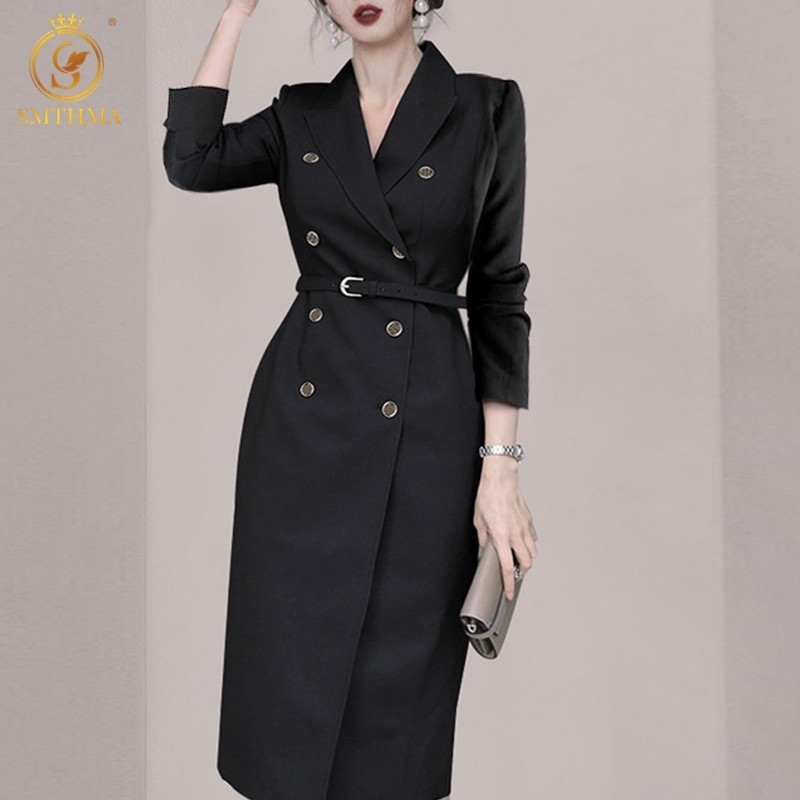 

Arrival Spring Black Dresses Women Double Breasted Suit Elegant Long Sleeve Party Dress Vestido Da Festa 210520, Photo color